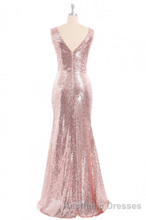 Rose Gold Sequin V-neck Long Formal Dresses with Slit